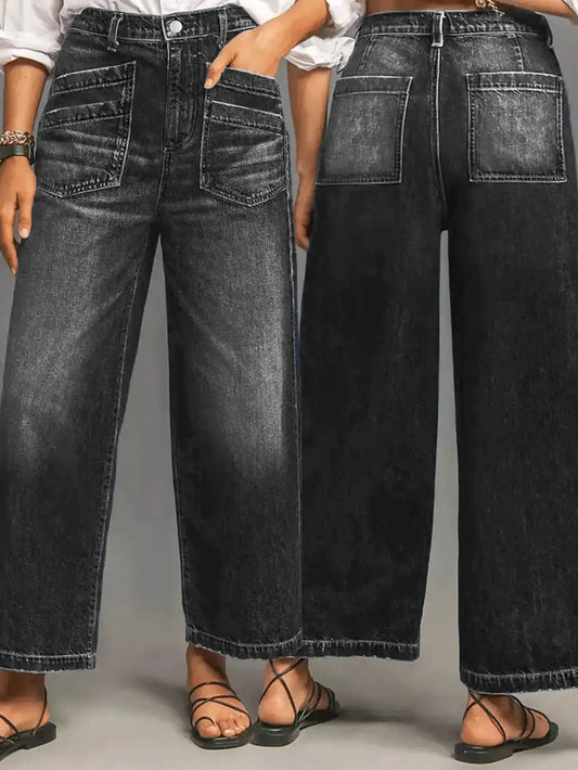 Women's Black Wide-Leg jeans Pants with Stylish Pockets - Trendy and Comfortable Fashion for Every Occasion