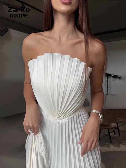 Elegant White Strapless Long Dress Women Sleeveless Backless Split Pleated Party Dresses 2025 Summer Lady Holiday Evening Gown