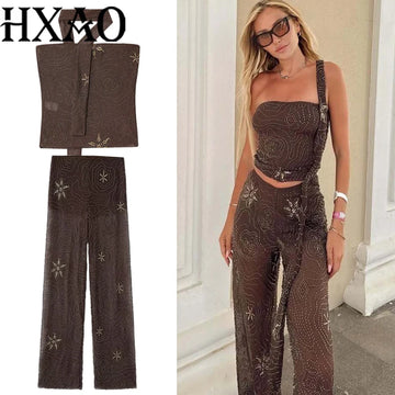 HXAO Tulle Women's Two Pieces Set Baggy Sequin Pants Sets Strapless Crop Top Beaded Long Pants 2 Piece Sets Semi Sheer Trousers