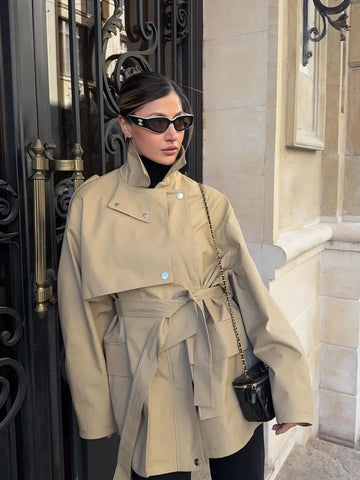Women Khaki Belt Short Trench Coat Elegant Lapel Long Sleeve Pockets Single Breasted Coat Autumn Lady Casual Daily Street Jacket