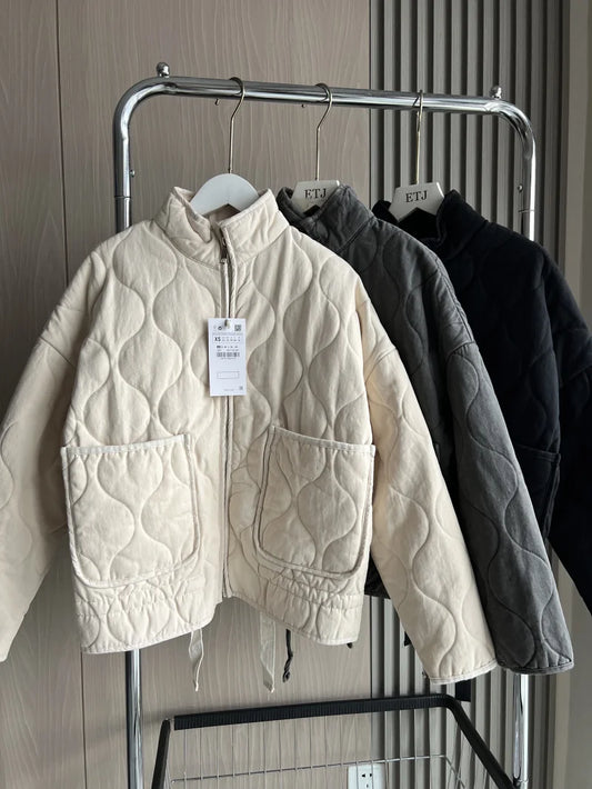 ZW Women's Cotton Jacket  2025 New Arrival Vintage Lenzing Rayon High Collar Large Pocket Decorative Quilted Coat for Women