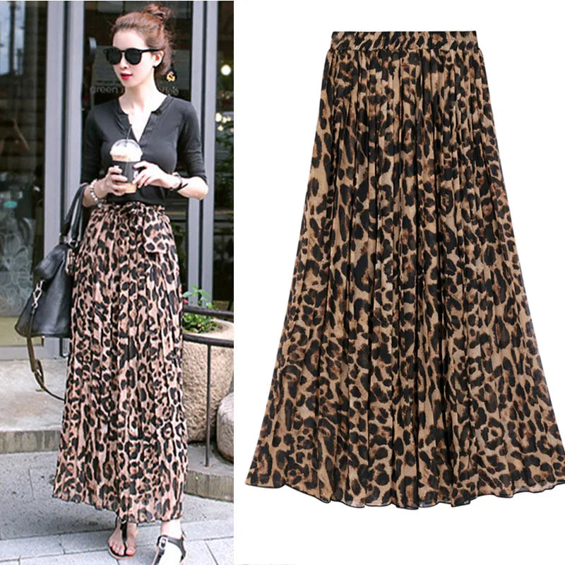 TingYiLi Summer Women Long Leopard Print Skirt Elastic High Waist Chiffon Pleated Slim Fit Casual Maxi Skirt