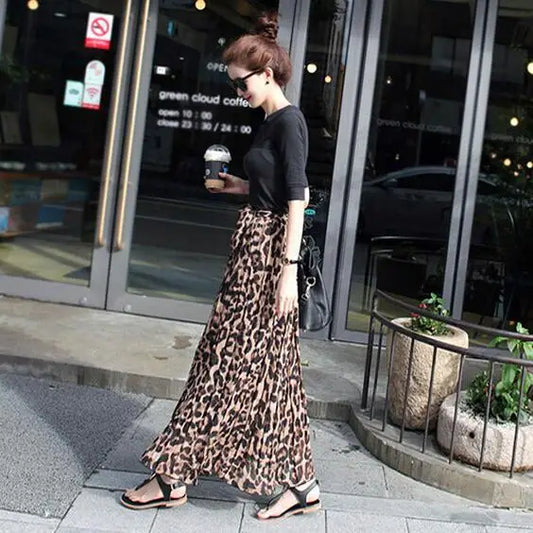 TingYiLi Summer Women Long Leopard Print Skirt Elastic High Waist Chiffon Pleated Slim Fit Casual Maxi Skirt