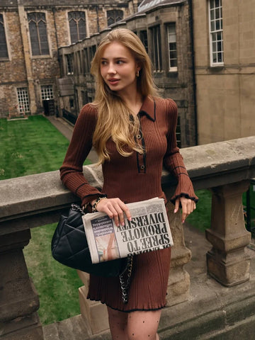 Knitted Flared Sleeve Mini Dress Off Women Fashionable Long Sleeve Lapel Button 2025 Chic New Daily Ladies Commuting Outerwears