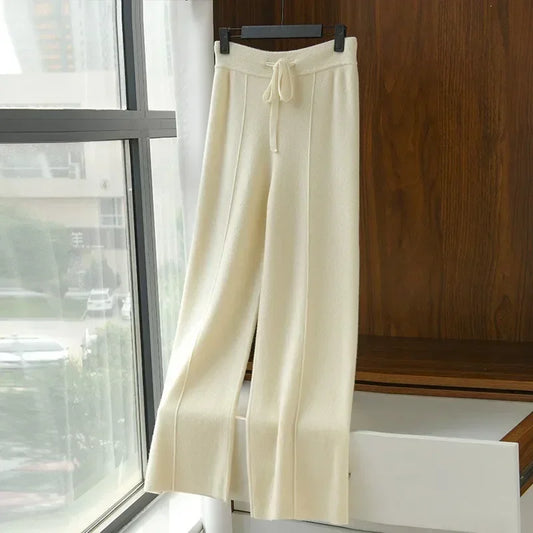 Autumn and Winter Women's High Waisted, Warm, Knitted Wide Leg, Straight Leg Pants, Solid Color, Hanging, Loose, Wide Leg Pants