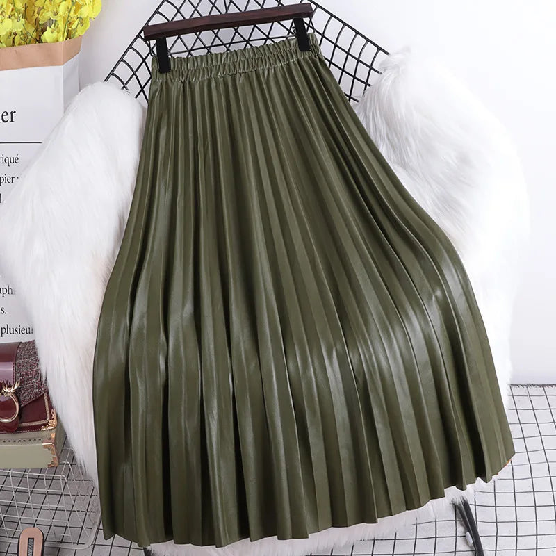 Pleated Mid length Leather Skirt 2025 Autumn/Winter Women's New Korean High Waist A-line Hundred Pleated PU Leather Skirt