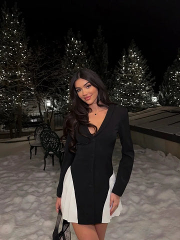 Women Patchwork A-line Pleated  Mini Dress Fashion Lapel Single Breasted Full Sleeve Short Dresses Casual Ladies Party New Gowns