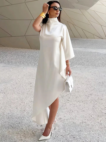 Blifanbo Satin Irregular One Sleeve Sexy Maxi Dress Women Fashion Turtleneck High Split Club Party Evening Long Dresses Female
