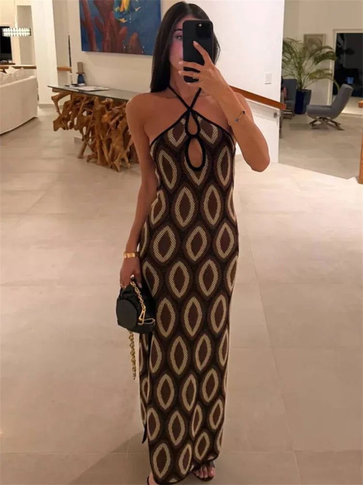 Tossy Knit Printed Hollow Out Long Dress Women Bandage Backless Contrast Beach Holiday Dress Clothes Female Boho Knitwear Dress