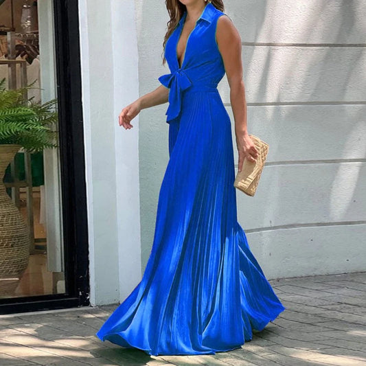 Elegant Deep V Neck Sleeveless Loose Jumpsuit Women Fashion Bow Lace-up Pleated Romper Casual High Waist Solid Playsuit Overalls
