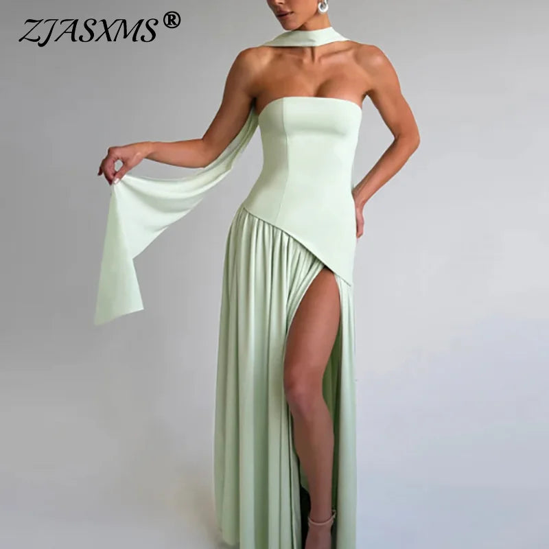 2025 Elegant Strapless Scarf Neck Pleated Dress Woman Sexy Slim Solid Backless Long Dress Summer  Zipper High Slit Party Dresses