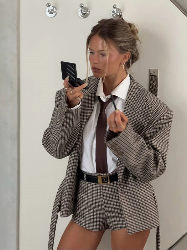 Women Checked Lapel Jacket Shorts Set Retro Full Sleeve Belted Buttons Pockets Blazer Suit 2025 Lady New Commute Street Outfits