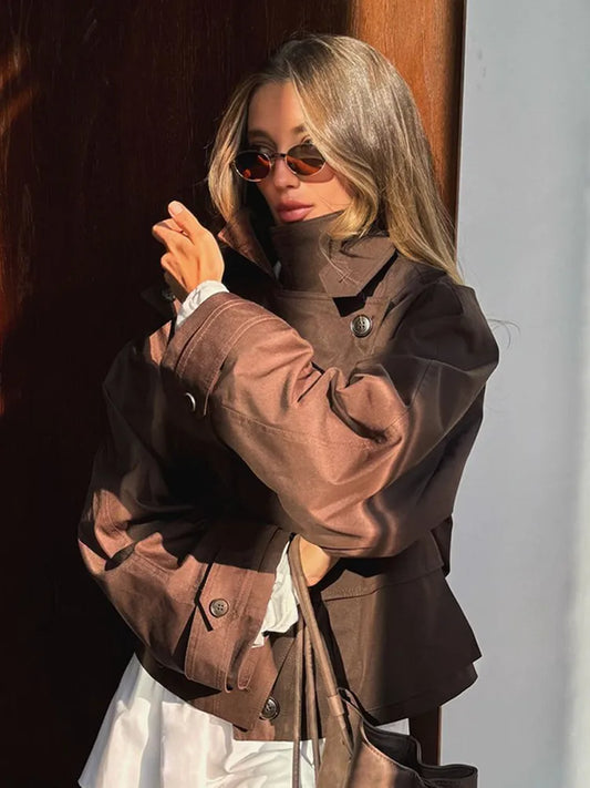 Fashion Solid Short Trench Coat Women Elegant Lapel Full Sleeve Single Breasted Pocket Pocket Jacket Autumn Lady Street Outwear
