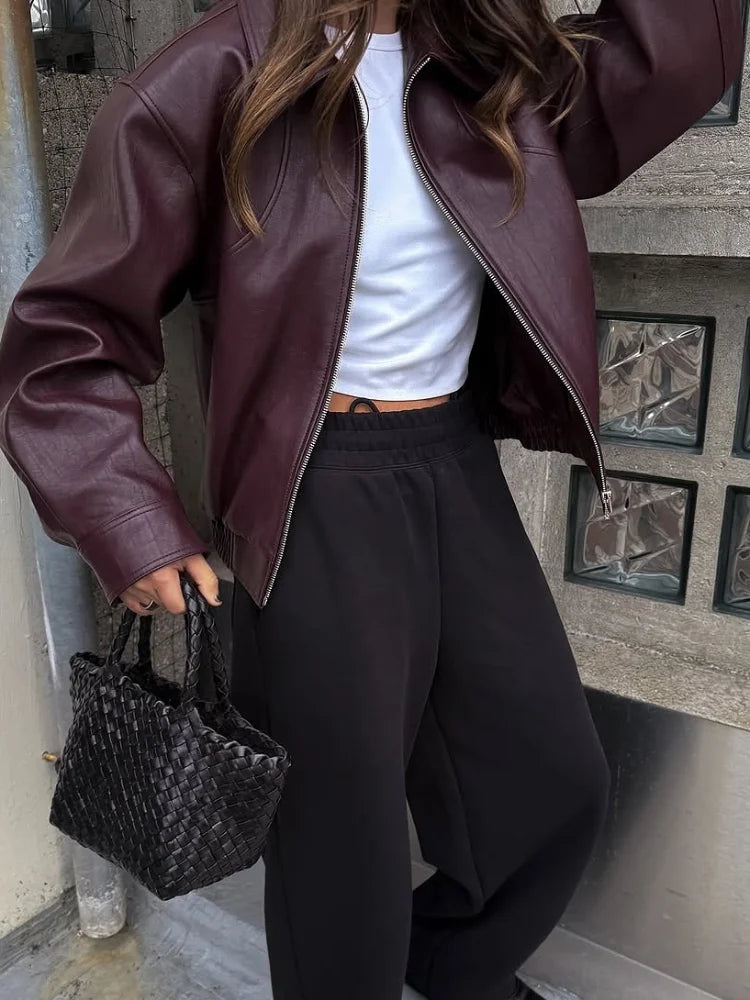 Fashion Lapel Short Leather Coat Women Retro Solid Zipper Simple Long Sleeve Jackets Female Autumn Fashion Casual Street Jacket