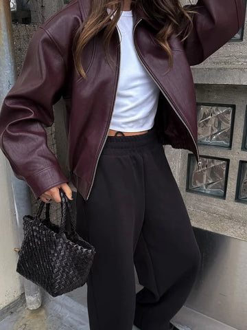 Fashion Lapel Short Leather Coat Women Retro Solid Zipper Simple Long Sleeve Jackets Female Autumn Fashion Casual Street Jacket