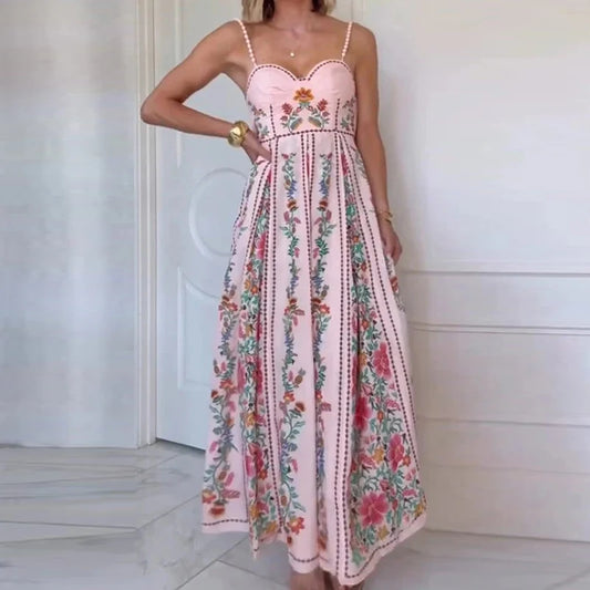 Women Sexy Backless Patchwork Printing Beach Dresses Summer Maxi Club Dresses Ladies Sleeveless Slim Fit Vintage Dress Vestidos