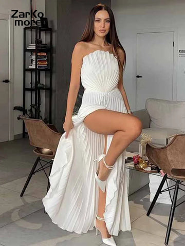 Elegant White Strapless Long Dress Women Sleeveless Backless Split Pleated Party Dresses 2025 Summer Lady Holiday Evening Gown