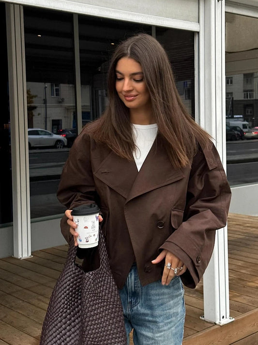 Vintage Turn-down Collar Solid Short Jackets Women Full Sleeve Single Breasted Pockets Loose Coat 2025 Lady Autumn Chic Jackets