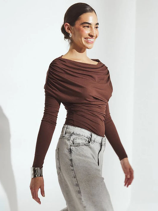 Blifanbo Long Sleeve Fashion T-shirt Top Women Slash Neck Fashion Solid Ruched Slim Female T-shirt Top Elegant Streetwear Autumn
