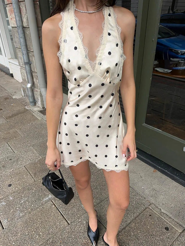 Blifanbo Satin Polka Dot Mini Dress Women Robe Summer New Lace Halter Deep V Neck Sleeveless Backless Beach Club Sexy Dress