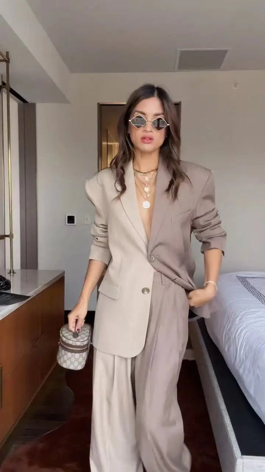 Women's Autumn Winter Color Blocked Loose Two Piece Set Casual Single Breasted Long Sleeved Lapel Coat+Straight Pants Suit Women