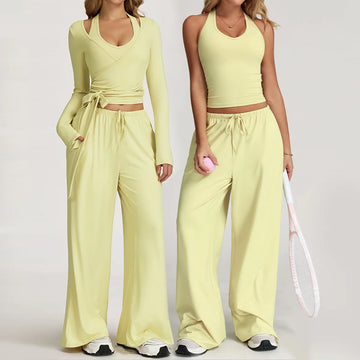 Yoga yellow gym Set 2 Pieces Women Clothes Workout Outfits Fitness Sportswear Wide leg straight pants Tracksuit Sports Tank suit