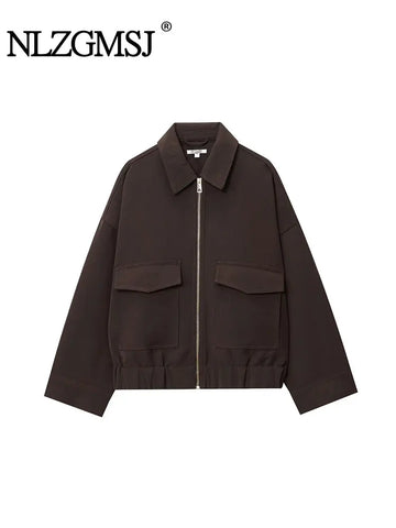 NLZGMSJ Women's 2025 Autumn Elegant Clothing Jacket Vintage Lapel Collar Zipper Full Sleeve Pocket Coat Lady Outerwears