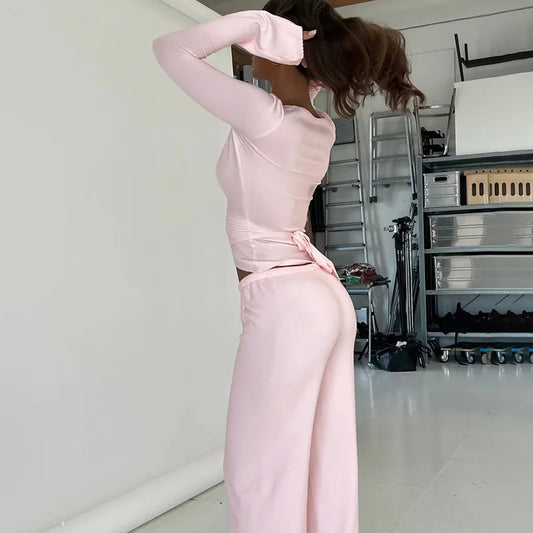 2025 Fall Winter Casual Drawstring Flared Sleeve Top Fleece Lined Loose Pants Sleepwear Two Piece Set Sportswear Women's Outfits