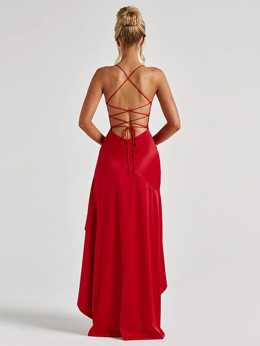Sexy Spaghetti Strap Ruffle Maxi Dress Women Backless Lace Up High Split Slim Long Dress 2025 Female Elegant Evening Party Dress