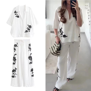 Tied Casual Pants 2 Pieces Sets For Women Sequin Embroidery Top High Waist Trousers Women's Suit 2025 Two Pieces Woman Outfits ﻿