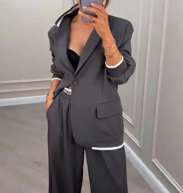 Two Piece Set Women Outfit 2025 Spring Autumn New Grey Commuting Notched Collar Long Sleeve Blazer & High Waist Pants Set