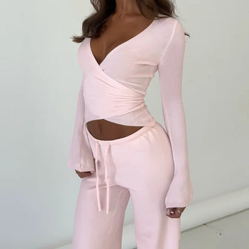 2025 Fall Winter Casual Drawstring Flared Sleeve Top Fleece Lined Loose Pants Sleepwear Two Piece Set Sportswear Women's Outfits