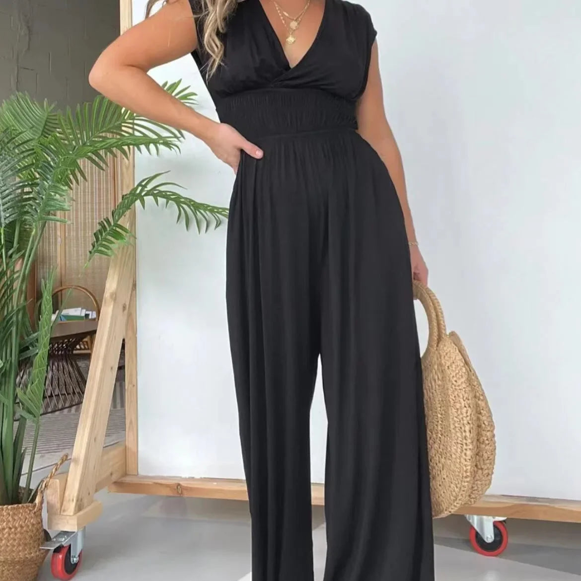 Women One Piece Solid Jumpsuits Sleeveless V Neck High Waist Rompers Y2k Wide Leg Long Pants Overalls Loose Casual Elegant