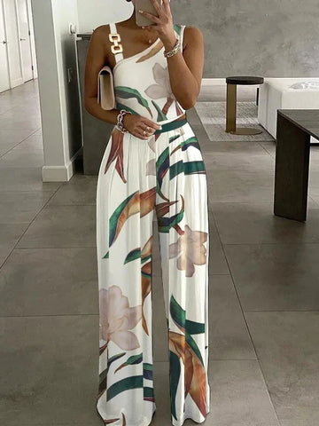Floral Print Jumpsuit Women Summer Y2k Straight Party Overalls Y2k Club Romper Elegant Off Shoulder Sleeveless Party Jumpsuits
