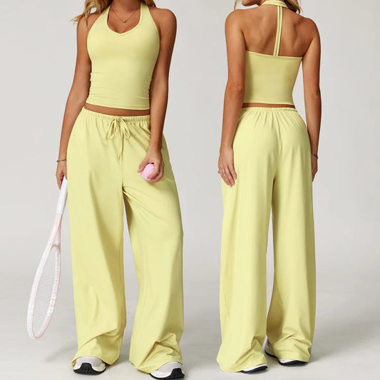Yoga yellow gym Set 2 Pieces Women Clothes Workout Outfits Fitness Sportswear Wide leg straight pants Tracksuit Sports Tank suit