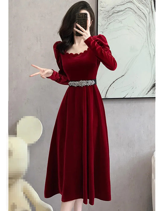 SMTHMA New Fashion Light Luxury Celebrity Velvet Dress Women's Square Neck Puff Sleeve Red Black Party Dress With Diamonds Belt