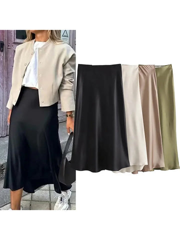 2025 Black Satin Skirt Woman High Waist Elegant Long Skirts For Women Fashion Summer Midi Skirt Office Women's Skirts