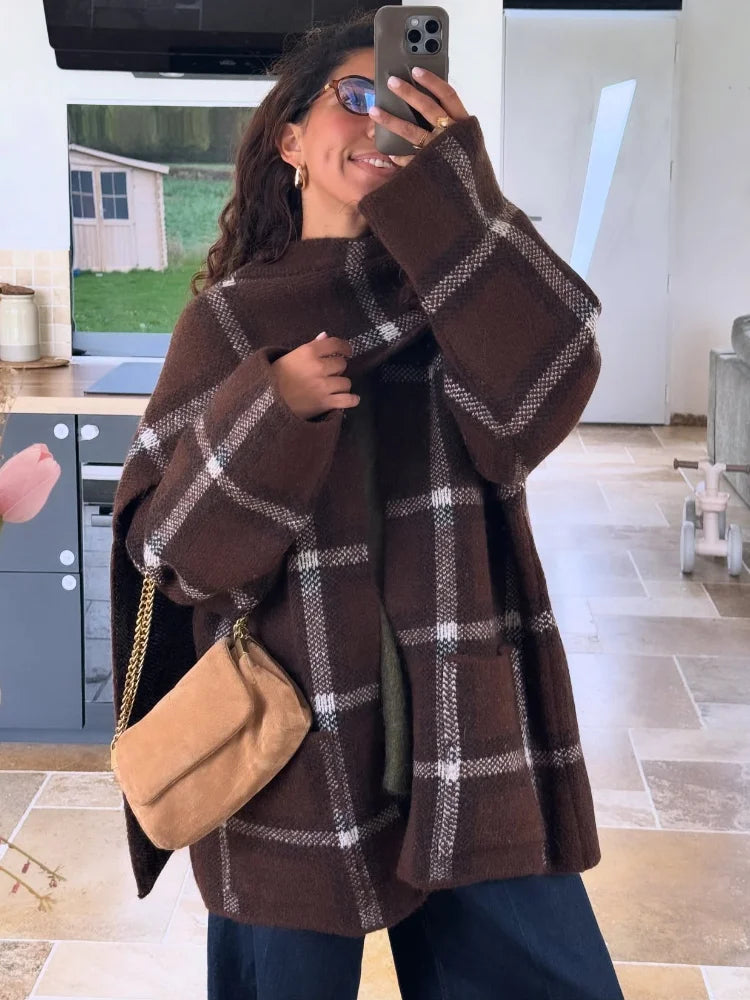 Elegant Women's Knit Plaid Cardigans With Scarf Loose V-neck Pockets Full Sleeve Warm Sweater 2025 Autumn Lady Contrast Knitwear
