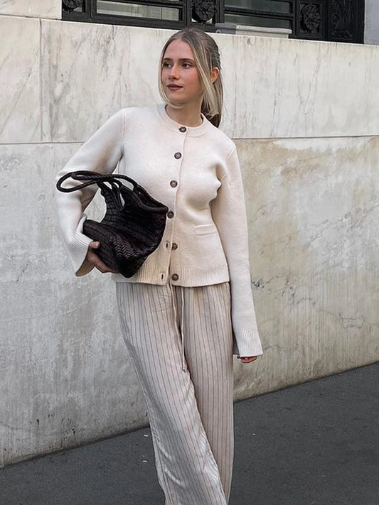 Women Casual Loose Knit Cardigan Solid Long Sleeve Pocket Sweater Autumn O Neck Lightweight Coat Office Commute Fall Outerwear