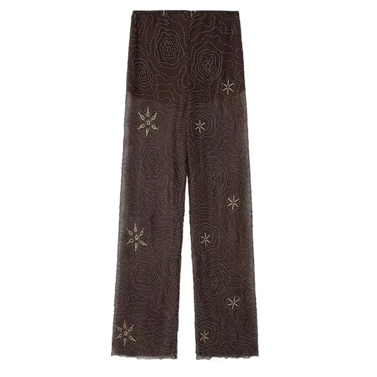 HXAO Tulle Women's Two Pieces Set Baggy Sequin Pants Sets Strapless Crop Top Beaded Long Pants 2 Piece Sets Semi Sheer Trousers