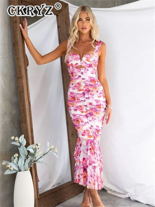 Ladies Summer Floral Print New Fashion Evening Party Dress Women Sleeveless Backless Bodycon Long Dresses Birthday Clubwear 2025