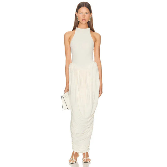 Blifanbo Pleated Elegant O Neck Maxi Dress For Women Off-shoulder Fashion Slim Fit Sleeveless Patchwork Sexy Club Party Dress