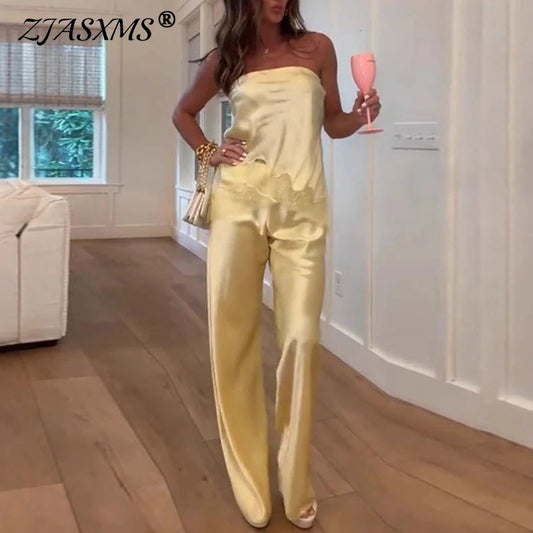New Hollow Strapless Tube Tops & Pant Woman 2 Piece Set Outfit Summer Embroidered Lace Satin Suits Sexy Backless Female Clothing