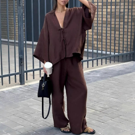 2025 Autumn Fashion Brown Loose Pants Set For Women Casual V Neck Long Batwing Sleeves Lace Up Shirt Suit Ladies High Streetwear