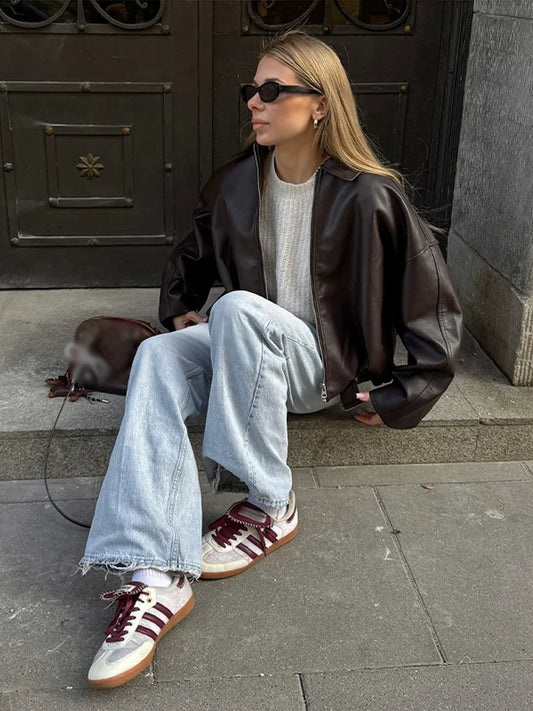 Women's Jacket Lace Up Leather Turn-Down Collar Zipper Dropped Shoulder Waist Belt Female Coat Oversized Casual Coats For Ladies