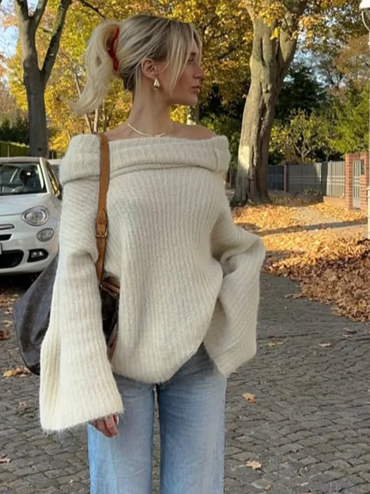 Casual Knitted Off-shoulder Sweater for Women Loose Trumpet Sleeve Loose White Solid Pullover Chic Highstreet Winter Streetwear
