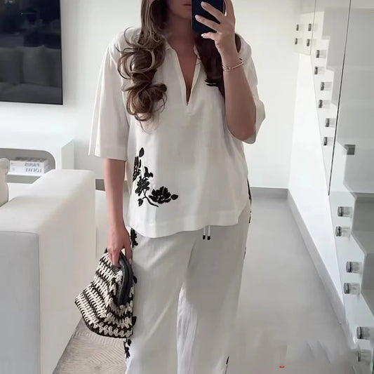 Tied Casual Pants 2 Pieces Sets For Women Sequin Embroidery Top High Waist Trousers Women's Suit 2025 Two Pieces Woman Outfits ﻿