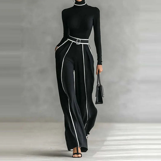 Women Fashion Color Blocking Outfits Casual Pocket Commuting Loose 2Pc Set Elegant Stand Collar Long Sleeve Top + Long Pant Suit