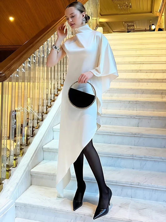 Blifanbo Satin Irregular One Sleeve Sexy Maxi Dress Women Fashion Turtleneck High Split Club Party Evening Long Dresses Female