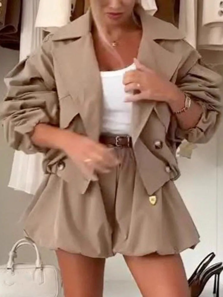 Casual Trench Jacket with Mini Skirt 2 Piece Suits Fashion Lapel Coat Solid Loose Skirt Set Women Elegant Street Skirt Outfits